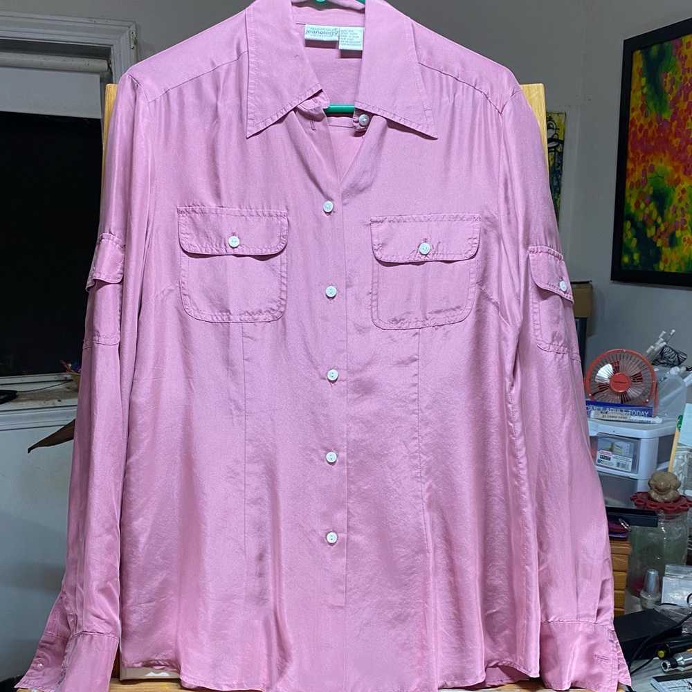 NWOT Newport News Long Sleeve, 4 Pockets, Pink Silk Blouse 12